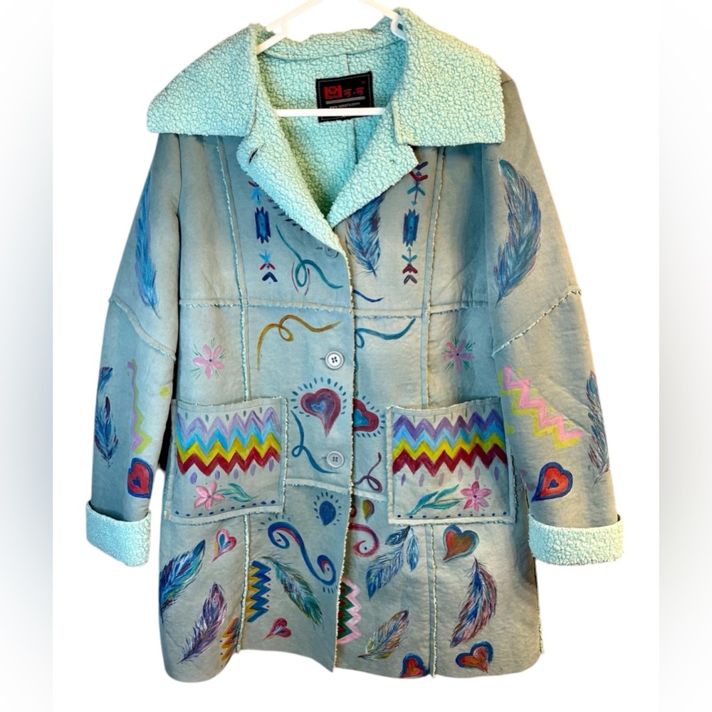 Hand Painted One of a Kind Boho Coat Sea Foam Blue Hearts Feathers Flowers Sz S
